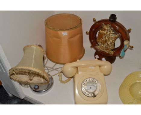 A novelty treen table lamp and shade, the stand as a ship's wheel;  an Art Deco style chrome table lamp;  a telephone (3) 