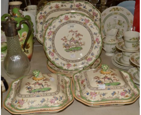A Copeland Spode part dinner service, comprising two tureens and covers, four dinner plates and two graduated meat plates, pr