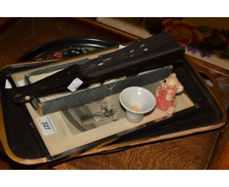 Boxes and Objects - a papier mache oblong tray, decorated with flowers;  a similar circular tray;  a EPNS cake knife and brea