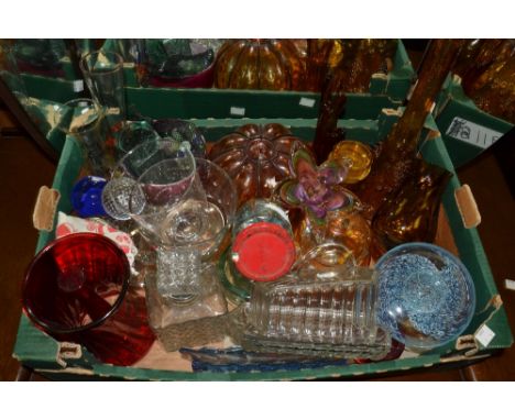 Glassware - a ruby glass vase, a clear glass decanter, an amber glass light fitting, marbles;  etc (1 box)