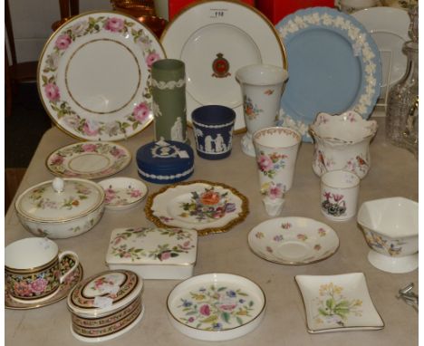 Ceramics - a Wedgwood Clio oval covered trinket box;  Wedgwood Jasperware;  a miniature Royal Adderley pottery flowers;  an A
