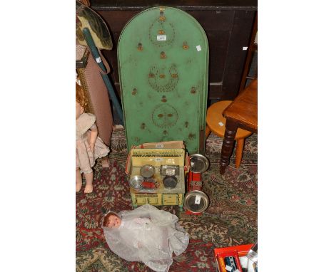 Toys - a Kiddies Range Real Cooking Range, with pots and pans; a Tantoy miniature scales;  a bagatelle board;  a doll, in bri