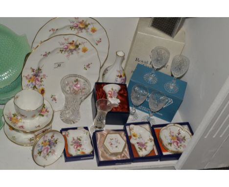 Royal Crown Derby Posies pattern - dinner plate; another,two  teacups and  saucers;  trinket dishes;  vase;   a Tutbury Cryst