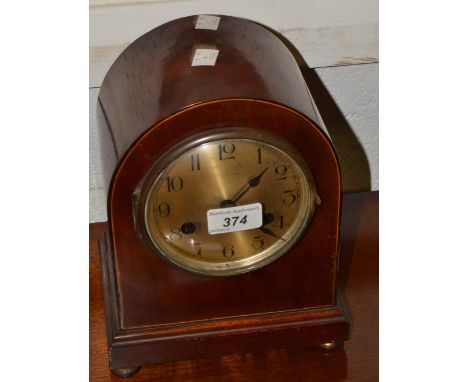 An Edwardian inlaid mahogany dome top chiming mantel clock, Gaydon and Sons, Kingston on Thames, brass dial, Arabic numerals,