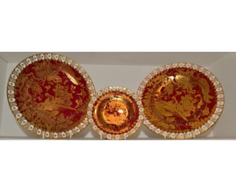 A Royal Crown Derby Red Aves dinner plate with heraldic border, first quality;  another, second quality;  a Royal Crown Derby