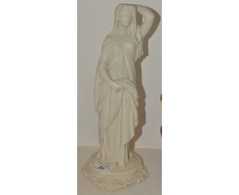 A parian figure of a woman, dressed with flowing robes, converted to a lamp base 