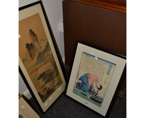 Prints - a Japanese woodblock type print, of a lake side scene, 60cm x 23cm; another, similar, of a young woman washing her h
