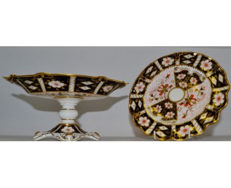 A Royal Crown Derby 2451 pedestal comport, first quality;  a Royal Crown Derby 2451 plate with frilled edge, second quality (