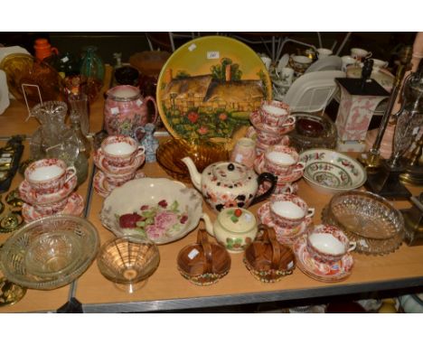 Ceramics and Glass - a lae 19th century tea service, printed with chinoiserie figures in orange;  Arthur Woods Lustre jug;  e