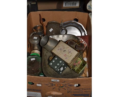 Boxes and Objects - a petit point rectangular covered trinket box;  a weight and scales;  pewter tankards;  a slate model of 