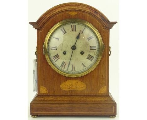 An Edwardian mahogany dome top bracket clock, inlaid marquetry & stringing with silvered dial, 8 day striking movement, heigh
