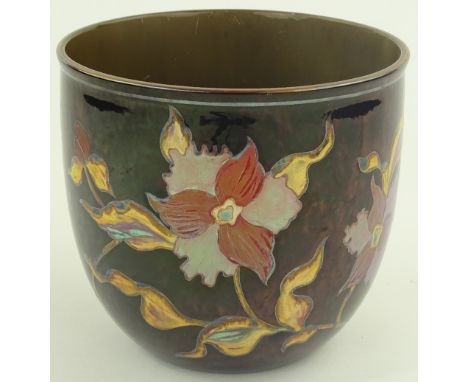 A Zsolnay Eosin glaze jardiniere, hand painted and gilded exotic flowers, diameter 18 cm height 16.5 cm