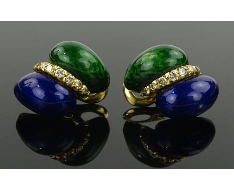 Pair of 18 ct gold blue & green enamel & diamond clip on earrings, length 20 mm, 21.5 grams