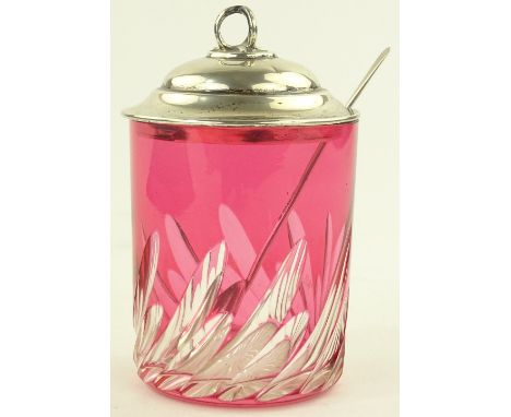 Silver topped ruby overlay glass preserve jar, Arts & Crafts design lid by James Deakin & Sons, Sheffield 901