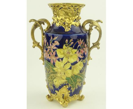 A Zsolnay Pecs Roccoco design 2 handled vase, hand painted enamel flowers on cobalt blue body, ornate gilded acanthus style h