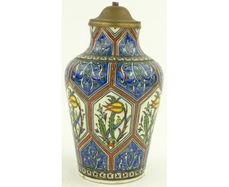 An Iznik style Greek pottery lamp base, inscription dated 1945, height 27 cm