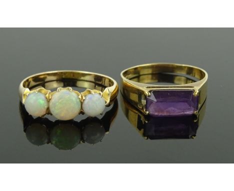 Two 9 ct gold opal & amethyst set rings