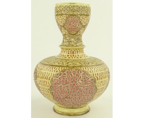 A Zsolnay Pecs relief moulded narrow necked vase, pattern no. 2840, height 26 cm