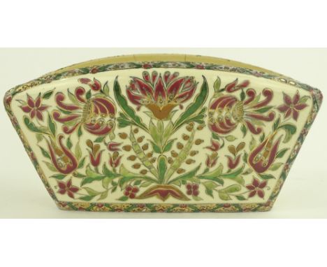 A Zsolnay Pecs rectangular planter, relief painted and gilded floral designs, pattern no 607, length 37 cm height 19 cm
