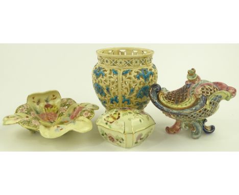 A Zsolnay Pecs leaf shaped table centre bowl, pierced floral panels, pattern no 3571, length 20 cm, a Zsolnay Pecs pierced an