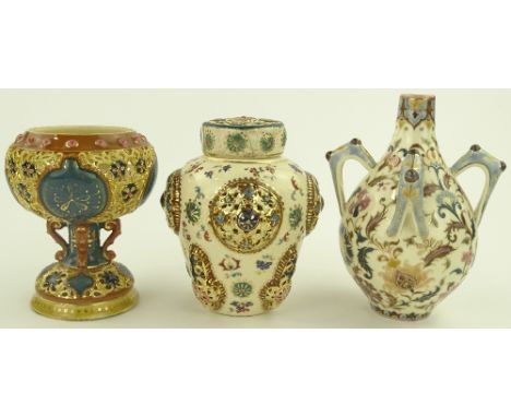 A Zsolnay Pecs 4 handled vase, painted and gilded floral design ,height 19 cm, a Fischer Budapest ginger jar and cover with r