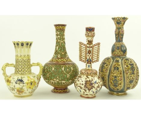 4 Zsolnay and Fischer ceramic narrow necked vases, all with pierced painted and gilded decoration, largest height 29 cm (4)
