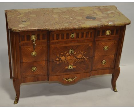 A French kingwood & walnut marble topped commode in Louis XVI style, shaped & moulded marble top with floral marquetry decora