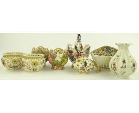 A group of Zsolnay Pecs and Fischer baskets, candle holders and vases (8)