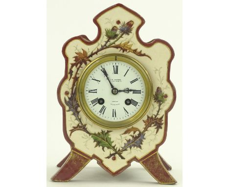 A Victorian pottery cased mantel clock, shaped case with hand painted thistle design, 8 day striking movement, retailers J W 