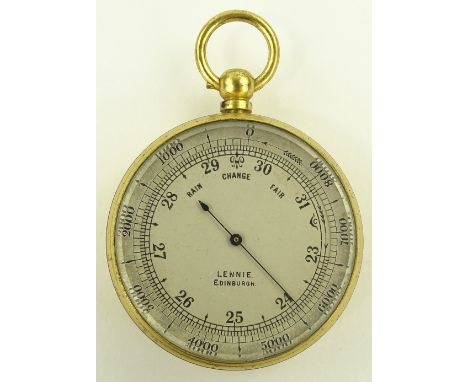 A 19th century pocket barometer, gilt metal case with silvered dial by Lennie of Edinburgh, 5 cm across, original Morocco lea