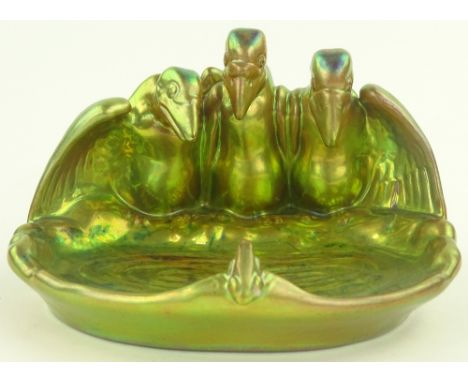 A Zsolnay green Eosin glaze dish surmounted by 3 birds watching a frog, length 18 cm
