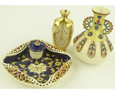 An unmarked Hungarian ink well on stand, width 27 cm, a Zsolnay Pecs relief embossed vase, height 16 cm, and a Fischer pierce
