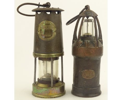 Antique Hungarian copper mounted miners safety lamp, and a Type CT 33A brass mounted miners safety lamp (2)