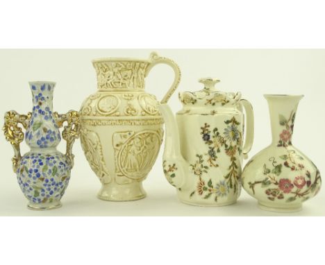A Zsolnay Pecs coffee pot, height 17.5 cm, Zsolnay narrow necked vase, height 15 cm, Zsolnay double gourd vase with gilded ha