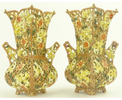 Pair of 19th century Zsolnay Pecs 2 handled vases, pierced and embossed Spring flowers designs, pattern 3683, height 26 cm