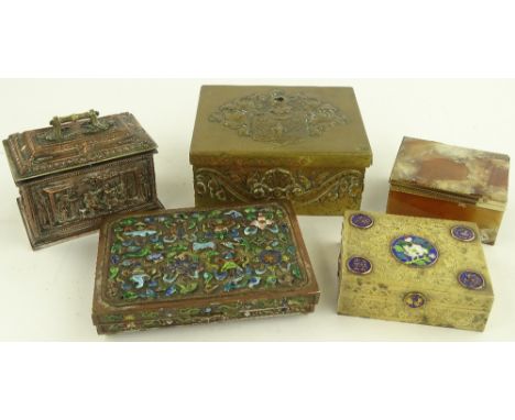 5 various brass & enamel boxes
