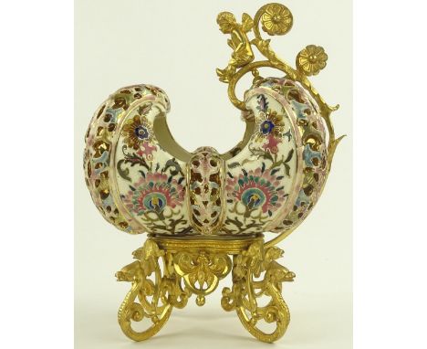 An ornate 19th century Zsolnay Pecs ormolu mounted table centre bowl, hand painted gilded and pierced decoration with ornate 