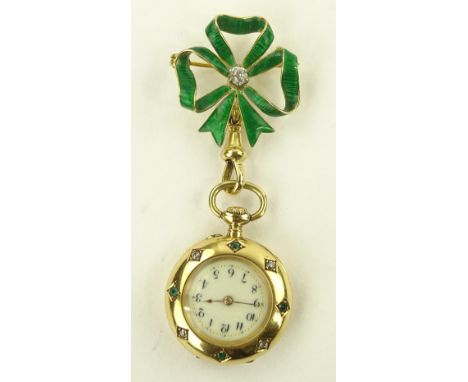 An 18 ct gold cased open face top wind pendant fob watch with 18 ct gold diamond & enamel ribbon brooch, with diamond & emera