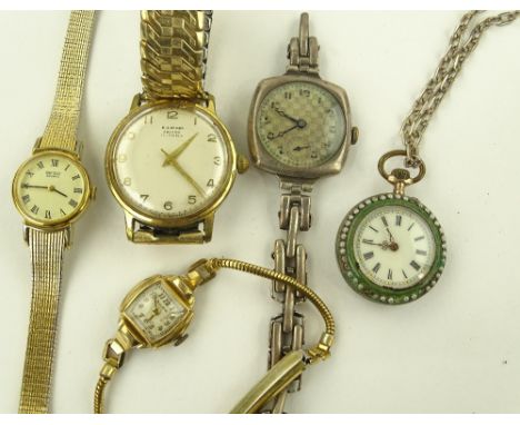 Group of gold plated vintage wristwatches including Bulova and a Swiss gilded enamel fob watch on chain (5)