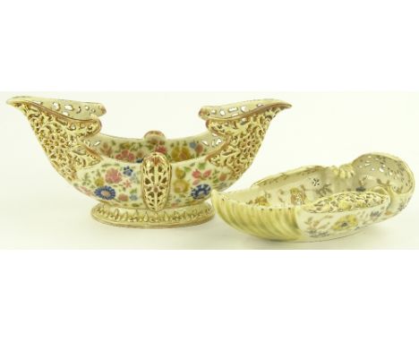 A Zsolnay Pecs oval table centre bowl, pierced and gilded rim with painted enamel flowers, pattern no 1764, length 25 cm and 