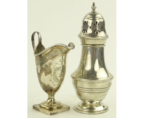 A silver sugar caster, 18 cm high and a silver helmet shape cream jug with armorial crest (2) 7.1 ozs total