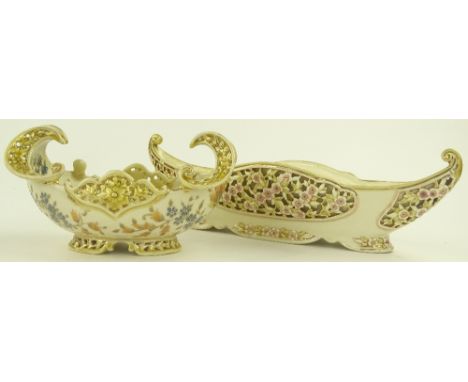 A Zsolnay Pecs oval table centre bowl, relief moulded and pierced floral panelled side, no 2493, length 42 cm, and Zsolnay Pe