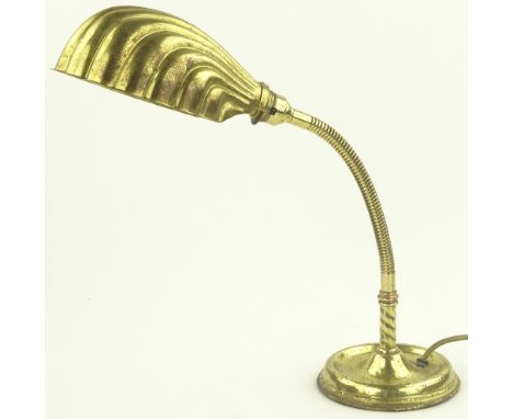 A vintage brass adjustable desk lamp with brass shell shade, rewired