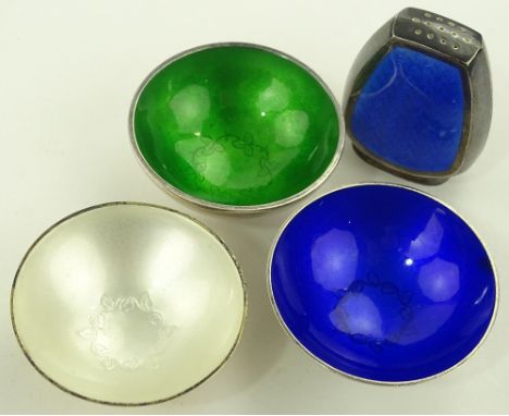 3 small silver & enamel dishes, and an enamel cruet (4)