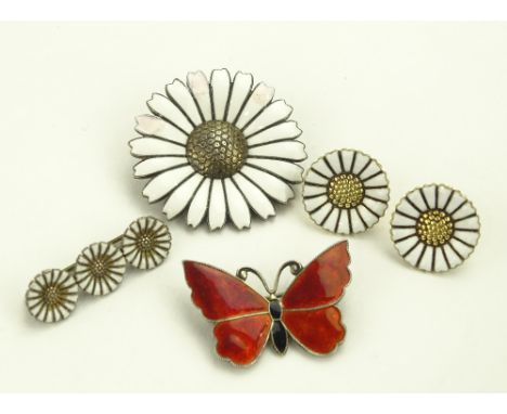 Silver & red enamel butterfly & daisy pattern enamel jewellery