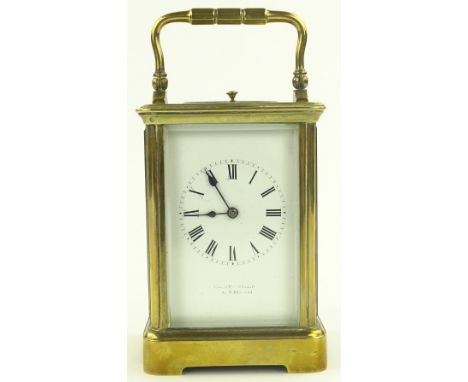 A French brass cased carriage clock, with 8 day repeat movement, enamel dial signed Richardson of Bury St Edmunds, case heigh