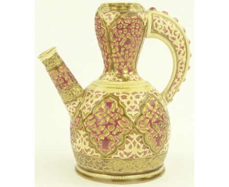 A Zsolnay Pecs ewer, relief moulded arabesque designs, pattern no 2869, height 19 cm