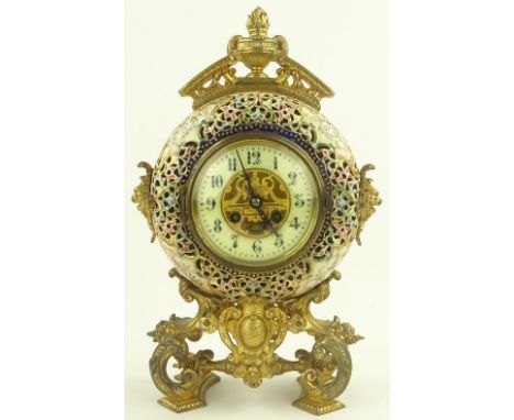 A 19th century Fischer Budapest ceramic and gilt metal cased mantel clock, enamel dial with 8 day striking movement, overall 