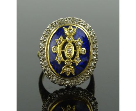 An 18 ct gold blue enamel & diamond set panel ring, panel height 22 mm, size O