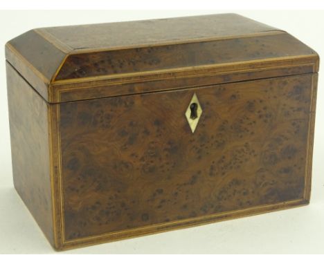 A 19th century burr yew wood tea caddy, inlaid boxwood stringing, with inner lids, width 19 cm